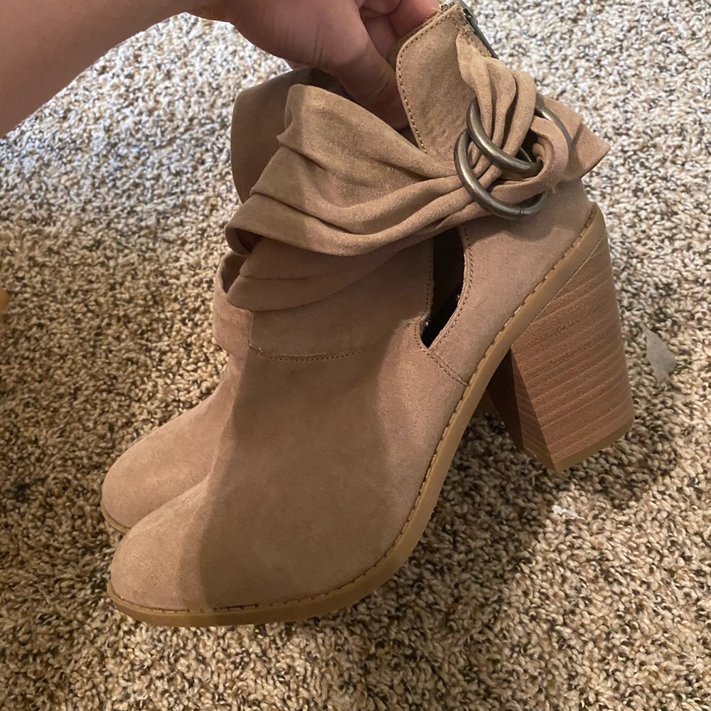 Tan, suede heeled booties